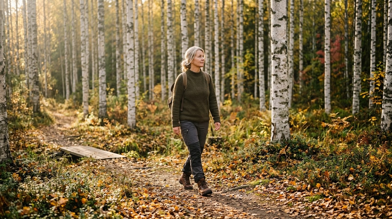 Kävely koivumetsässä syksyllä